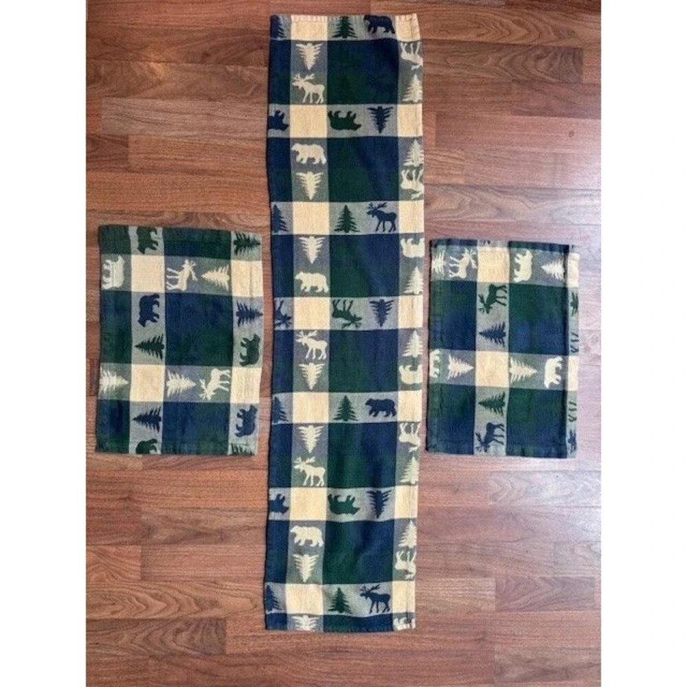 Set - 2 Park Designs Cotton Woodland Placemats &Table Runner Moose Bear Patterns